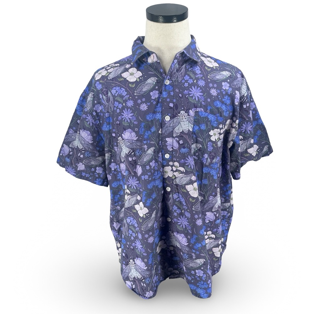 Morning Witch Cicada Floral Button Up Shirt Mens XXL Purple Cotton Goblincore